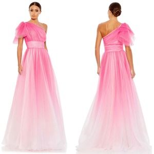 Mac Duggal Glitter Ombre Ruffled One Shoulder Ballgown 20377 Hot Pink Ombre New